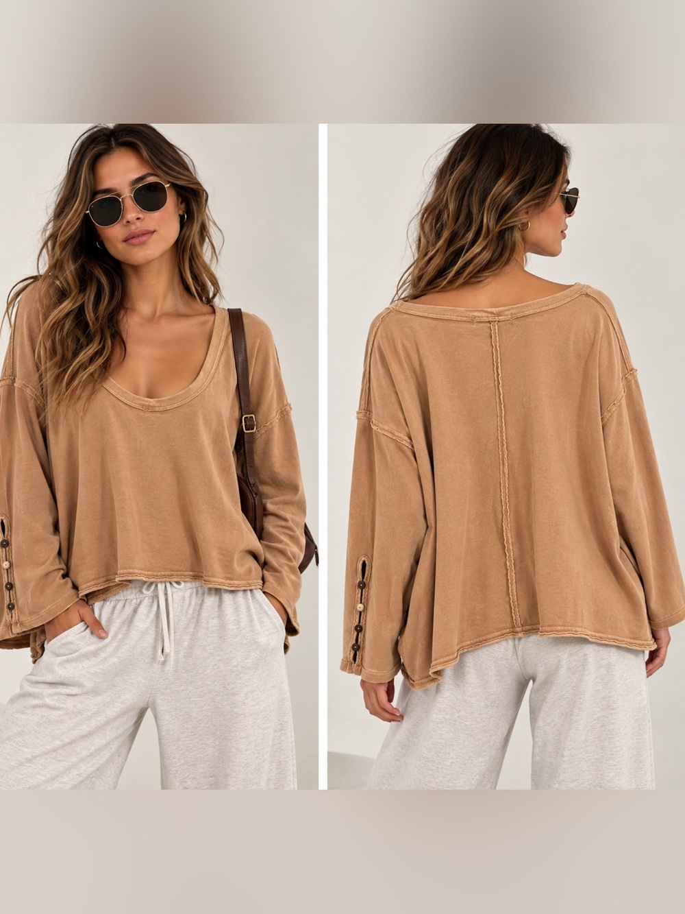 We The Free Free People Tan Oversized Scoop Neck Tunic Top Size L NWOT